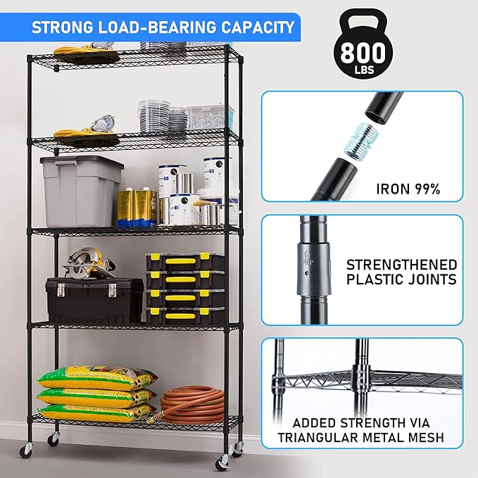 5 Tier Storage Shelves, 21" W X 12" D X 54" H Adjustable Heavy Duty Wire Metal Shelving Unit, Black Black Steel