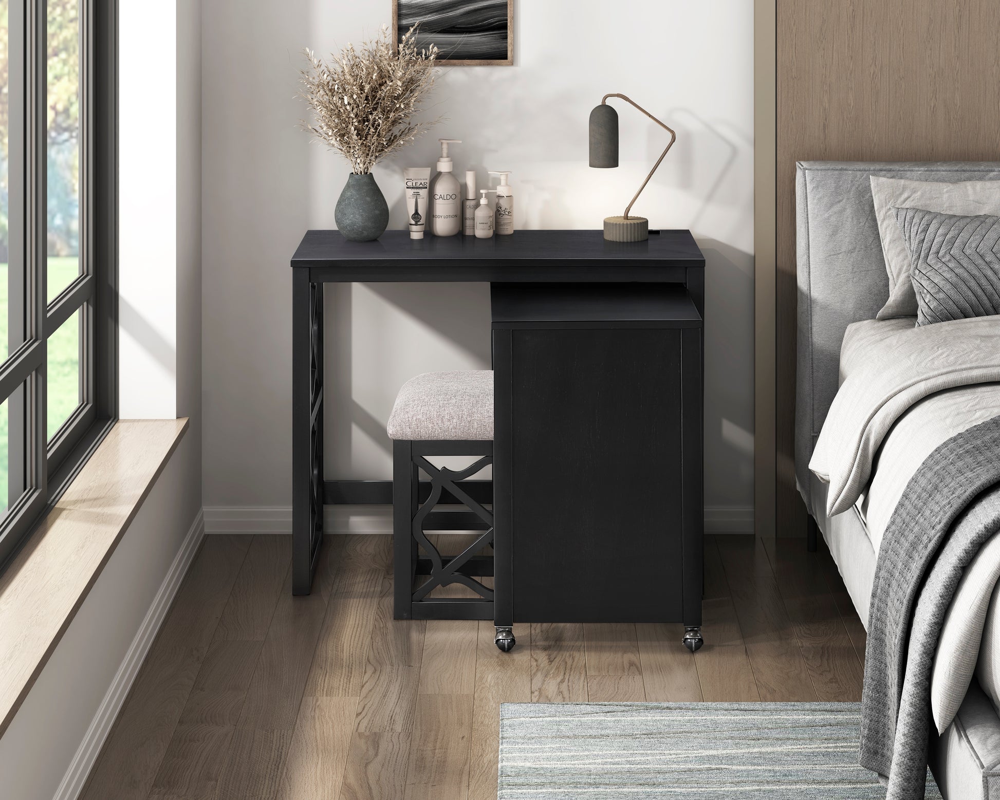 Desks And Stool Set 3Pc Black Finish Rolling Desk With Casters, 2 Charging Ports Home Office Furniture Black Primary Living Space Contemporary Desk Rectangular Wood