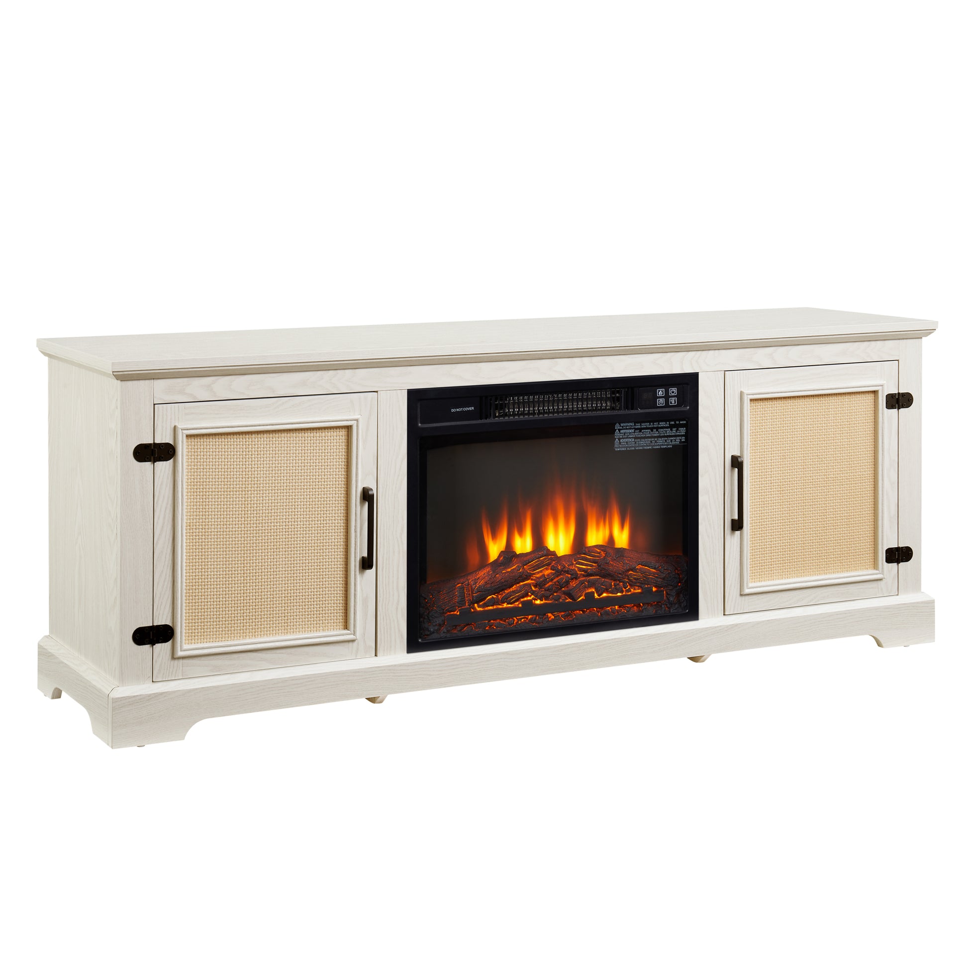 Natural Rattan Door Cabinet With Adjustable Shelf Wood, Farmhouse Rattan Tv Stand Console Table For Tvs Up To 70 Inches, Storage Tv Stand With 23" Fireplace Insert, 65"W*15.55"D*23.86"H, White White 70 79 Inches Mdf