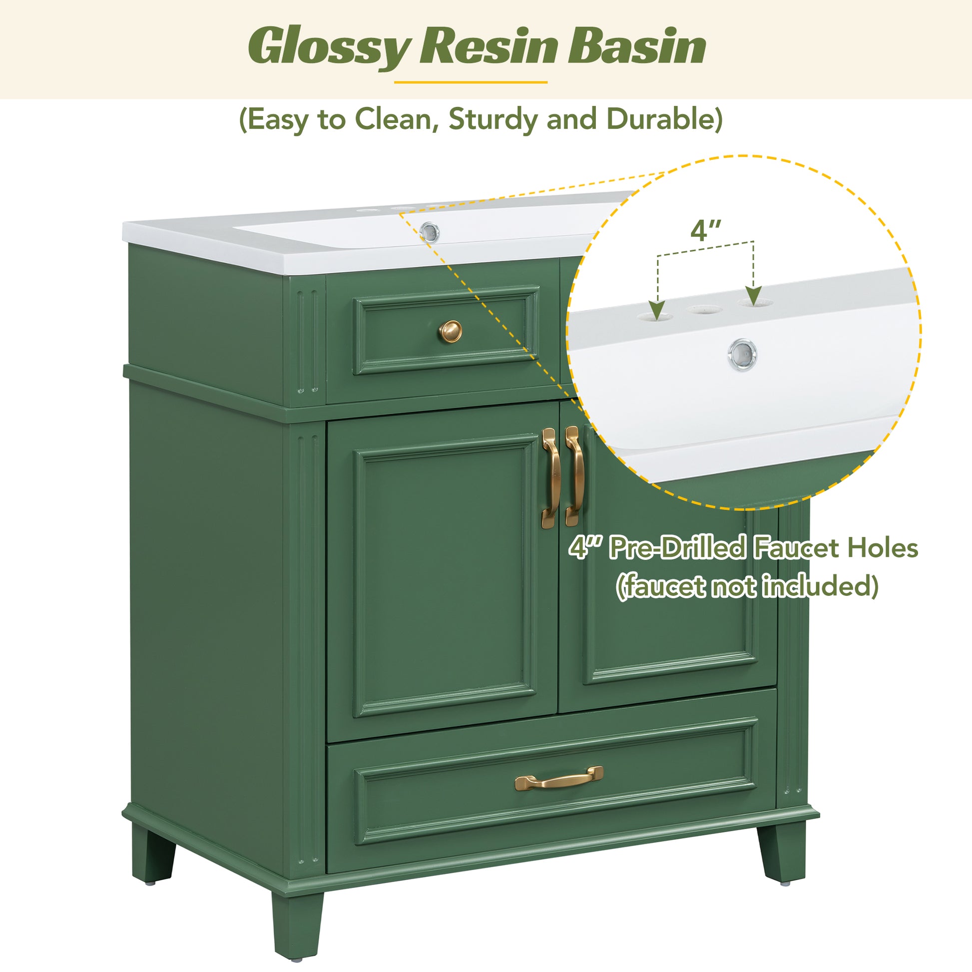 30'' Bathroom Vanity With Resin Sink, Solid Wood Frame Bathroom Storage Cabinet With Soft Closing Doors, Retro Style, Green Same As Sw000118Aaf Green Bathroom Modern Solid Wood Mdf Resin