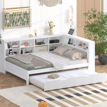 Wooden Full Size Daybed With Twin Size Trundle, Daybed With Storage Shelf And Usb Charging Ports,White Full White Wood