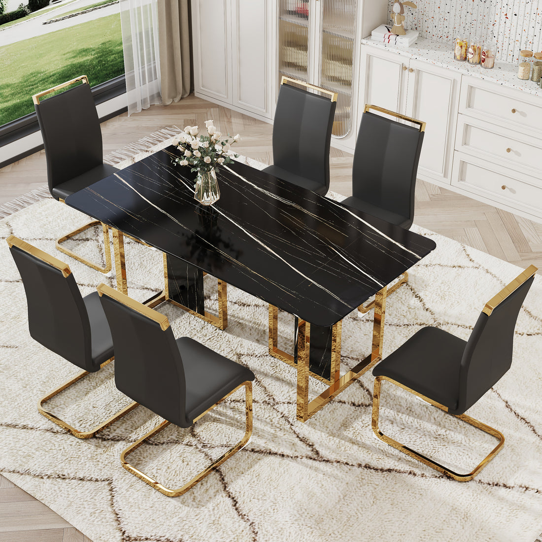 Table And Chair Set. Modern Dining Table With Mdf Top And Beautiful Mdf Legs. Equipped With Comfortable Pu Chairs And Metal Legs. Suitable For A Wide Range Of Decorative Styles. Black Seats 6 Mdf