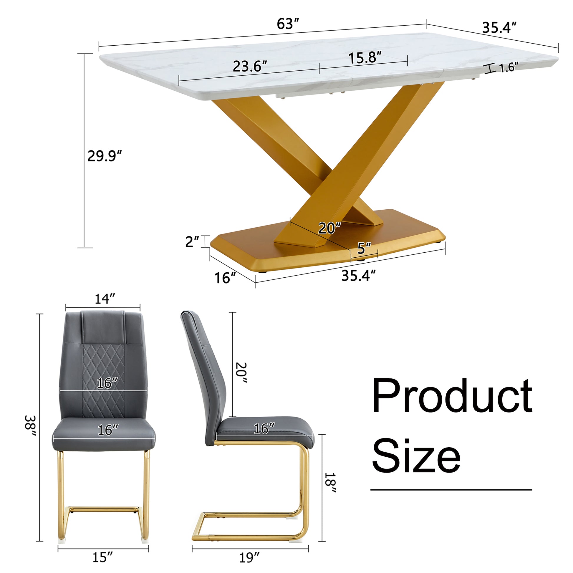 Table And Chair Set, The Table Is Equipped With A Marble Patterned Mdf Tabletop And Gold Table Legs.Dining Chairs,Gold Legged Upholstered Chairs Made Of Artificial Leather. Grey Gold Seats 6 Mdf
