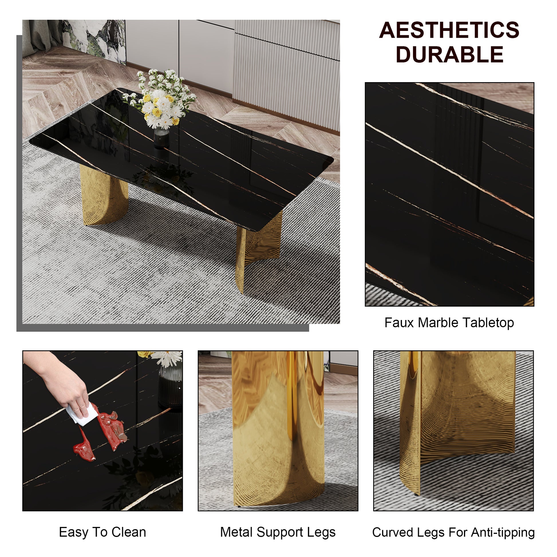 Table And Chair Set.The Table Has A Glass Top With Imitation Marble Pattern Stickers And Stainless Steel Golden Legs. Paried With Chairs With Pu Artificial Leather Backrest Cushions And Black Legs. Black Gold Seats 8 Glass Metal
