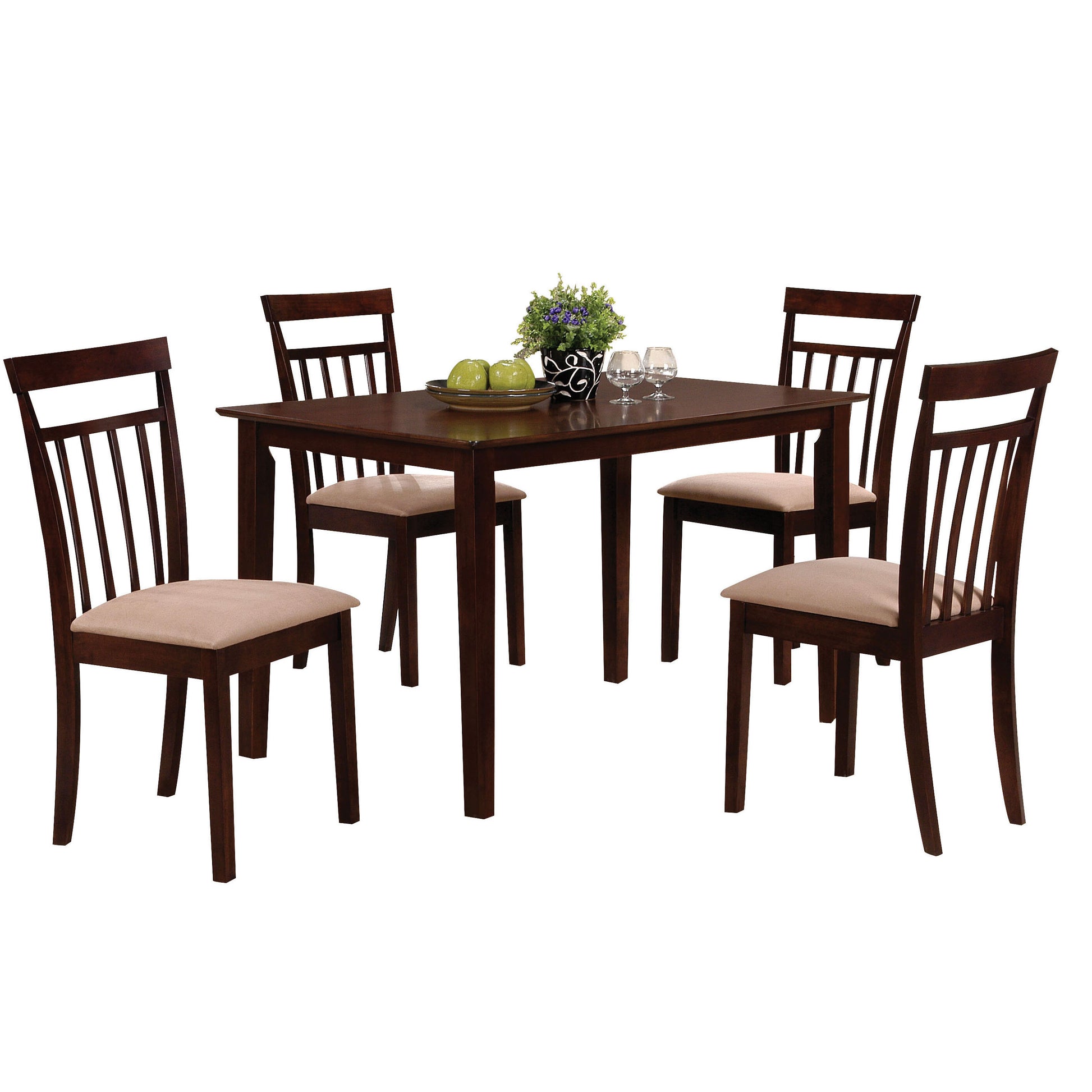 Espresso And Beige 5 Piece Dining Set Upholstered Chair Wood Espresso Slat Back Seats 4 Wood Dining Room 48 Inches Fixed Table 4 Leg Rectangular Dining Table With Chair Wood Fabric