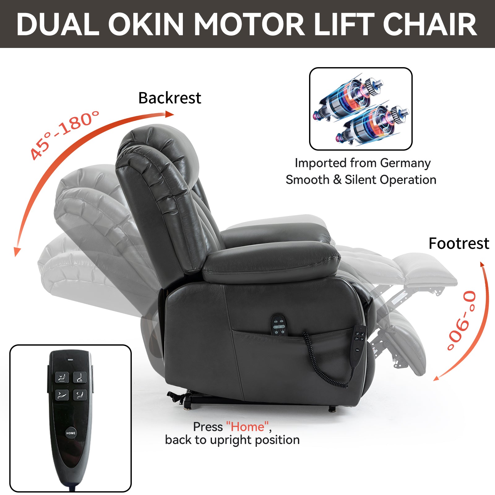 Dual Motor Infinite Position Up To 350 Lbs Electric Medium Size Grey Power Lift Recliner Chair With 8 Point Vibration Massage And Lumbar Heating White Metal Primary Living Space Heavy Duty Pine Antique Gray Faux Leather Power Remote Medium Firm Pillow