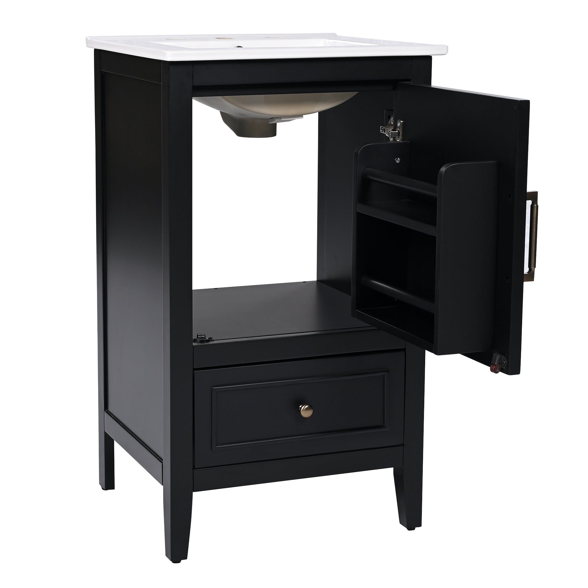 20" Bathroom Vanity With Sink, Bathroom Cabinet With Two Doors, Door Shelf Storage And Adiustable Foot Pads, A Drawer, Black Black Solid Wood Mdf