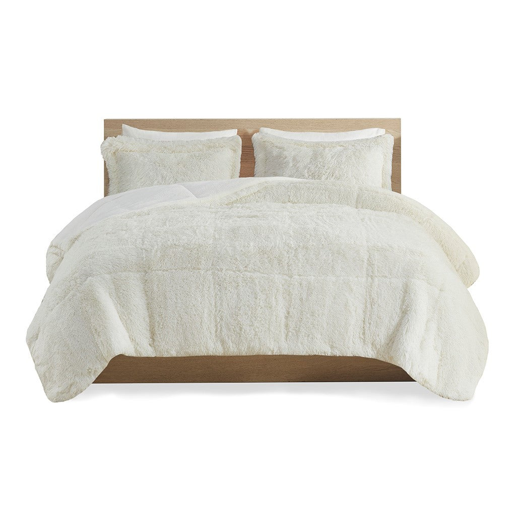 Shaggy Long Fur Comforter Mini Set Twin Ivory Polyester