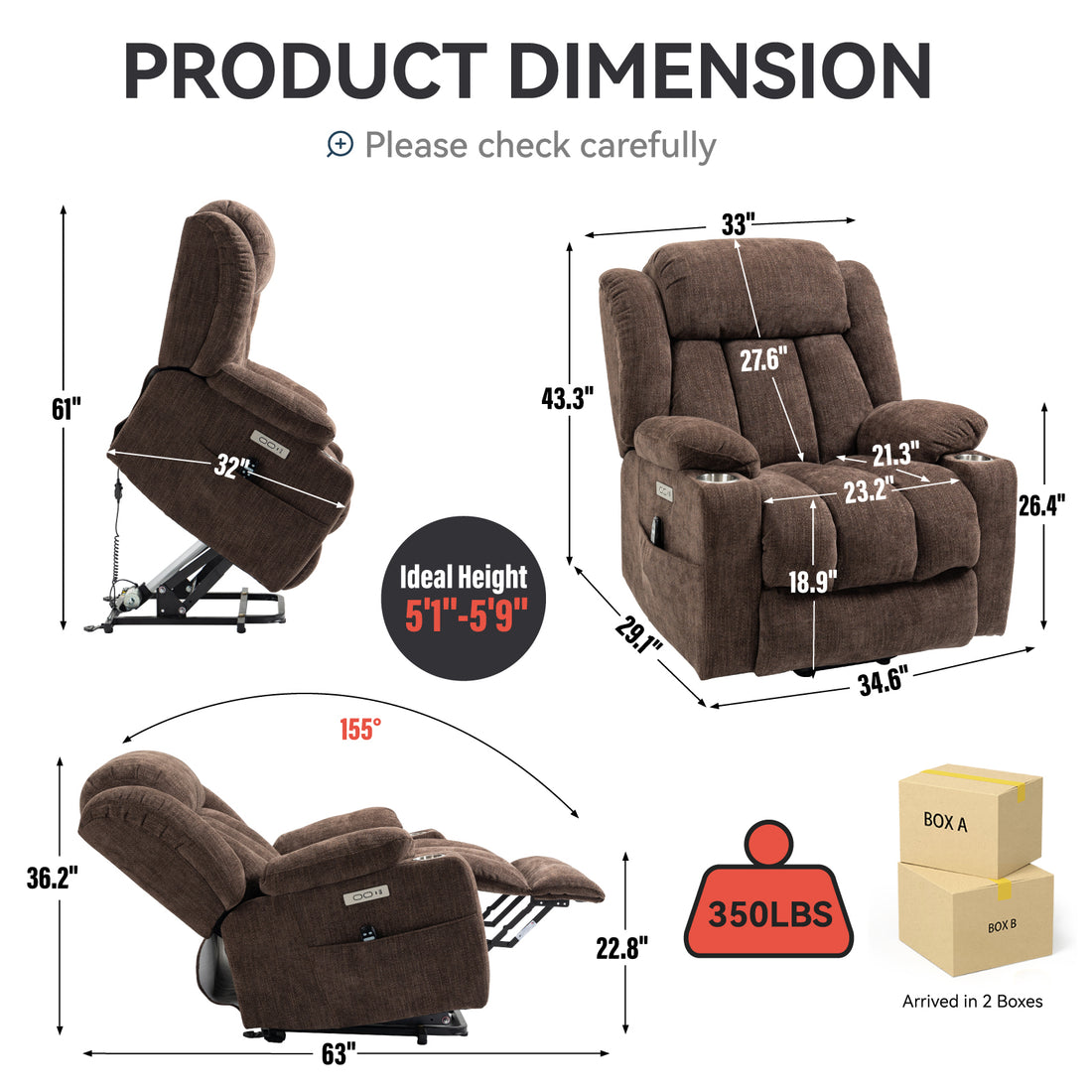 Up To 350 Lbs Chenille Power Lift Recliner Chair, Heavy Duty Motion Mechanism With 8 Point Vibration Massage And Lumbar Heating, Usb And Type C Ports, Stainless Steel Cup Holders, Brown White Metal Primary Living Space Heavy Duty Pine Brown Chenille