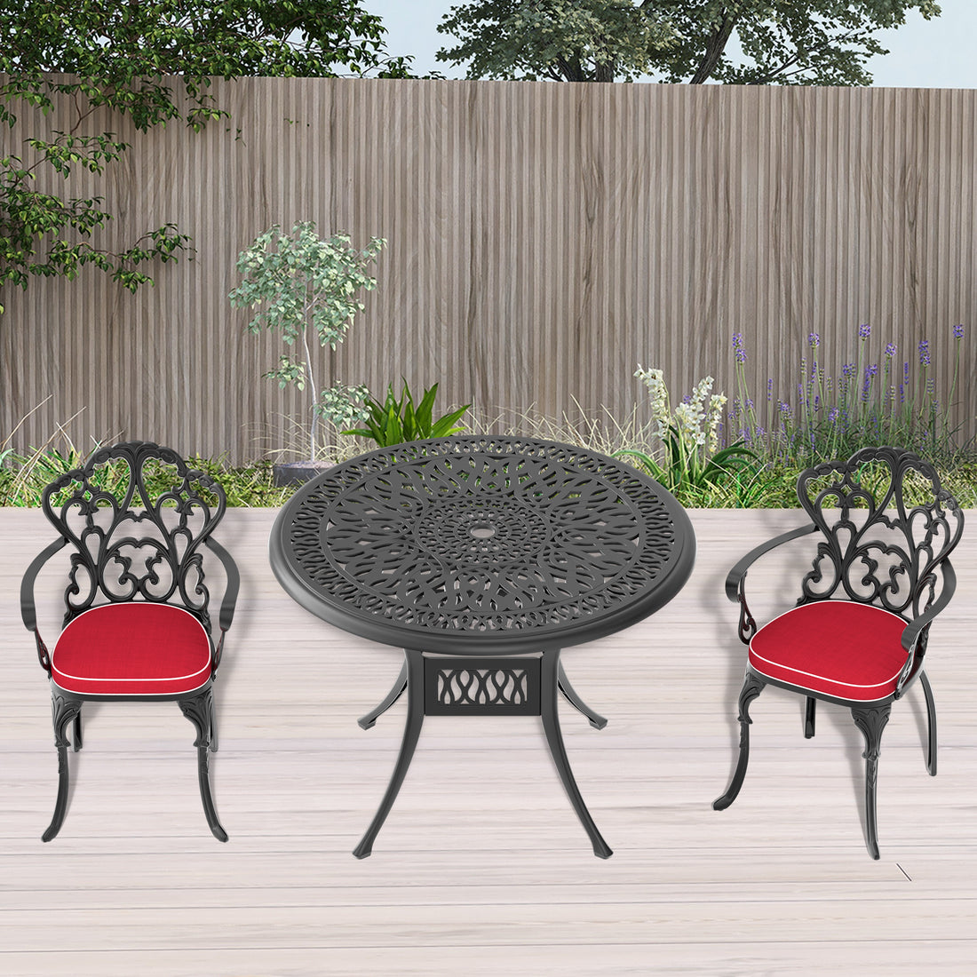 Cushions In Random Colors 3 Piece Set Of Cast Aluminum Patio Furniture With Cushions Yes Dining Set Black Seats 2 Rust Resistant Frame Water Resistant Cushion Garden & Outdoor Complete Patio Sets Aluminium