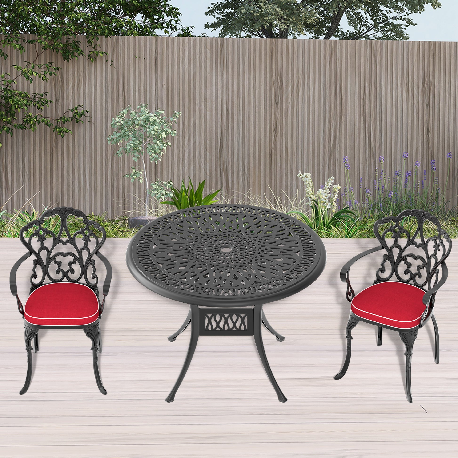 Cushions In Random Colors 3 Piece Set Of Cast Aluminum Patio Furniture With Cushions Yes Dining Set Black Seats 2 Rust Resistant Frame Water Resistant Cushion Garden & Outdoor Complete Patio Sets Aluminium