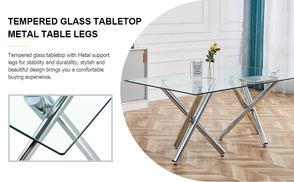 Table And Chair Set.Large Minimalist Rectangular Glass Dining Table For 6 8 With 0.39" Tempered Glass Tabletop And Silver Chrome Metal Legs.Paried With Comfortable Chairs With Pu Seats And Metal Legs. Silver Seats 6 Glass Metal