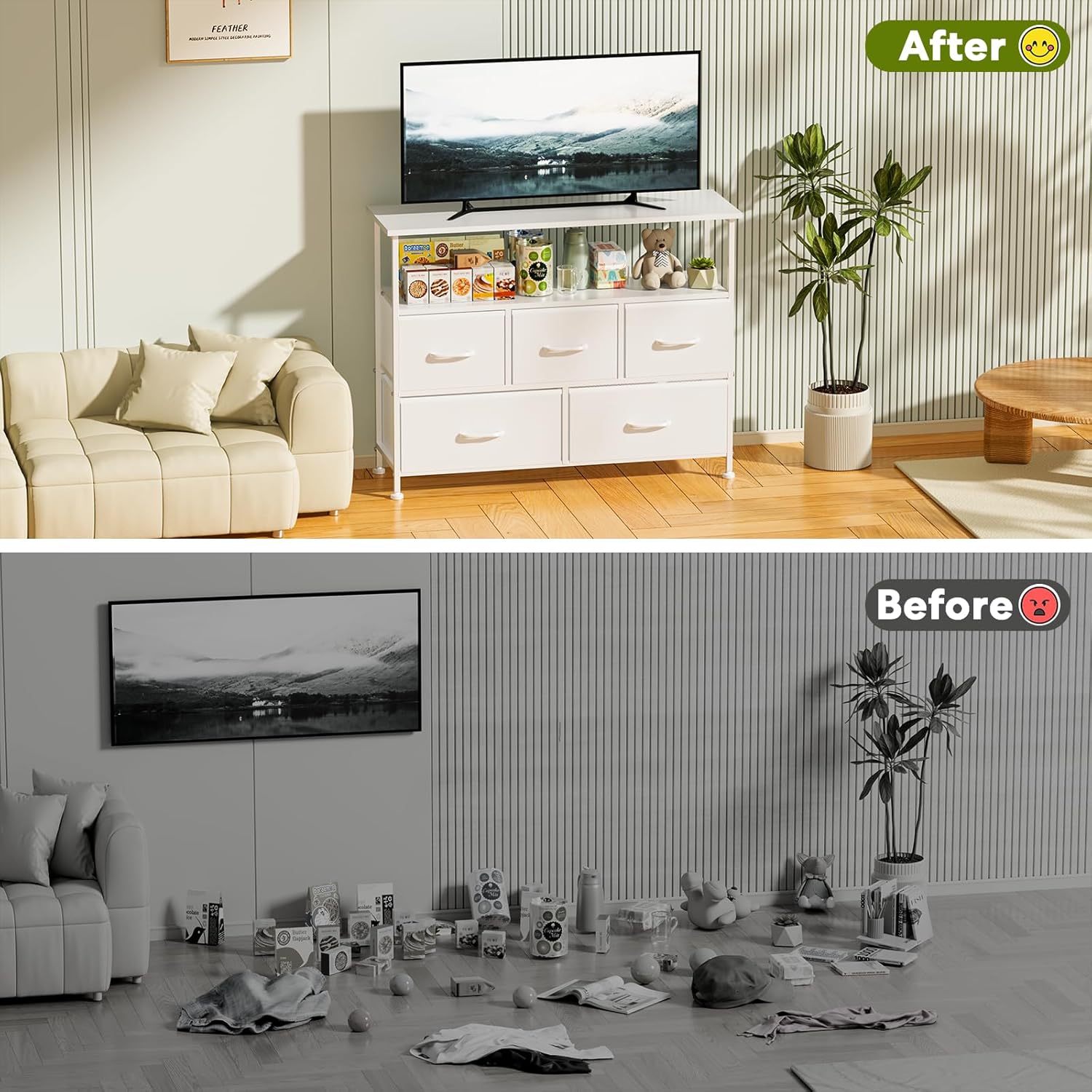 Tv Stand Dresser For Bedroom Entertainment Center With 5 Fabric Drawers, Storage Organizers Units For Living Room, Media Console Table With Open Shelf Up For 45" Tv, White, Wood Top White Wood