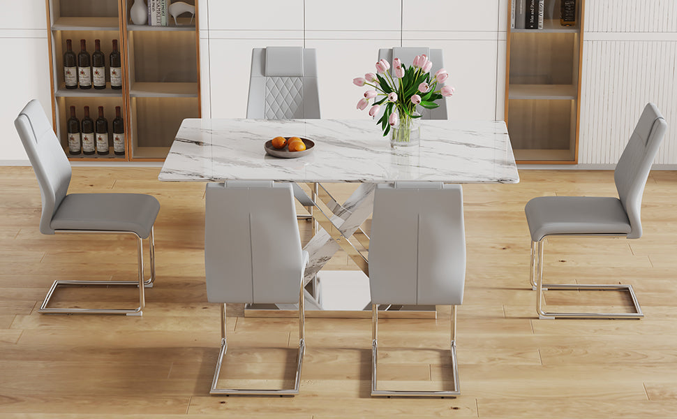 Table And Chair Set, Modern Dining Table, Imitation Marble White Top And Silver Legs, Soft And Comfortable Dining Chair, Perfect For Dinner, Meetings, Home And Office Decor Grey Silver Glass Metal