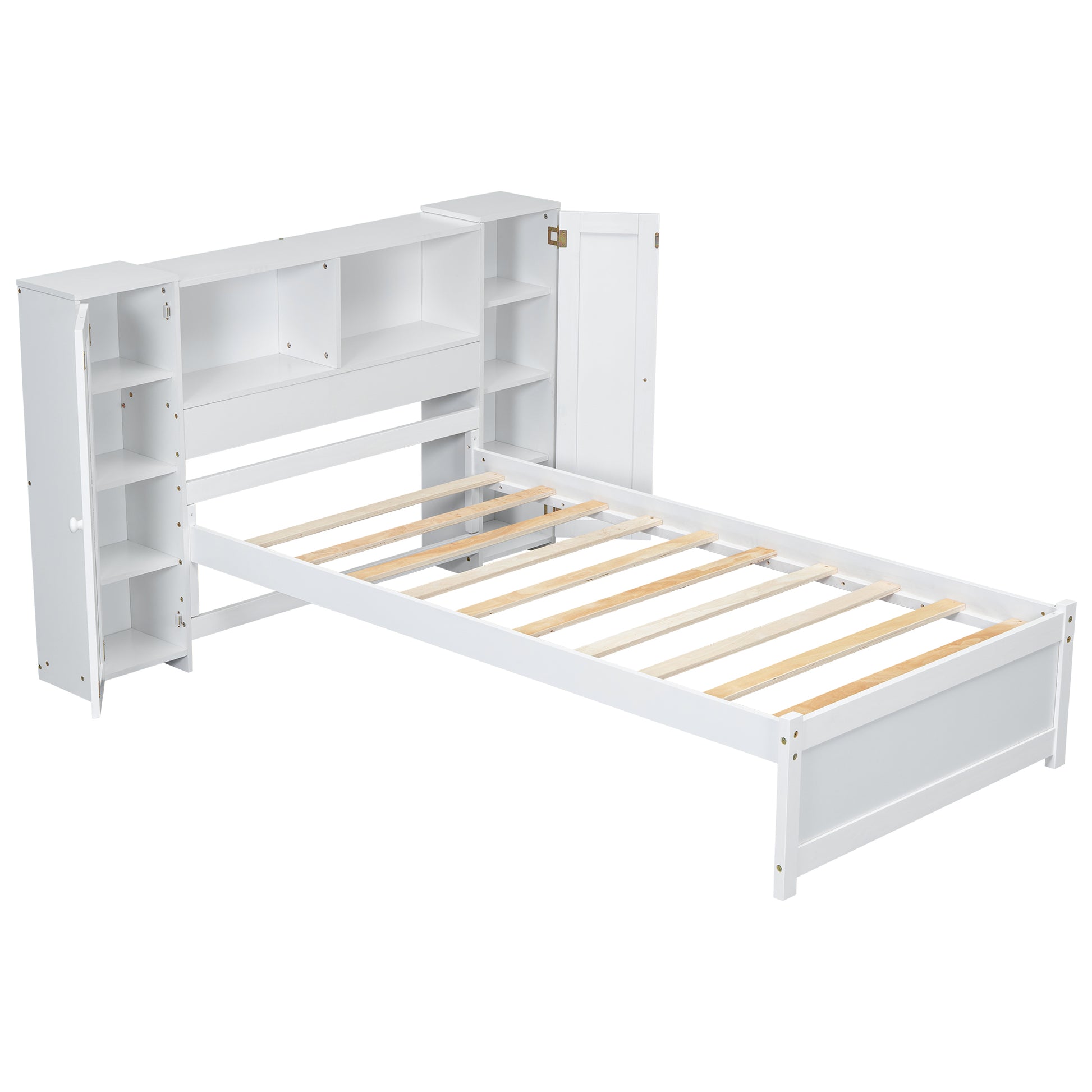 Twin Size Platform Bed With Storage Headboard And Lockers, White Twin Box Spring Not Required White Wood Bedroom Solid Wood Mdf