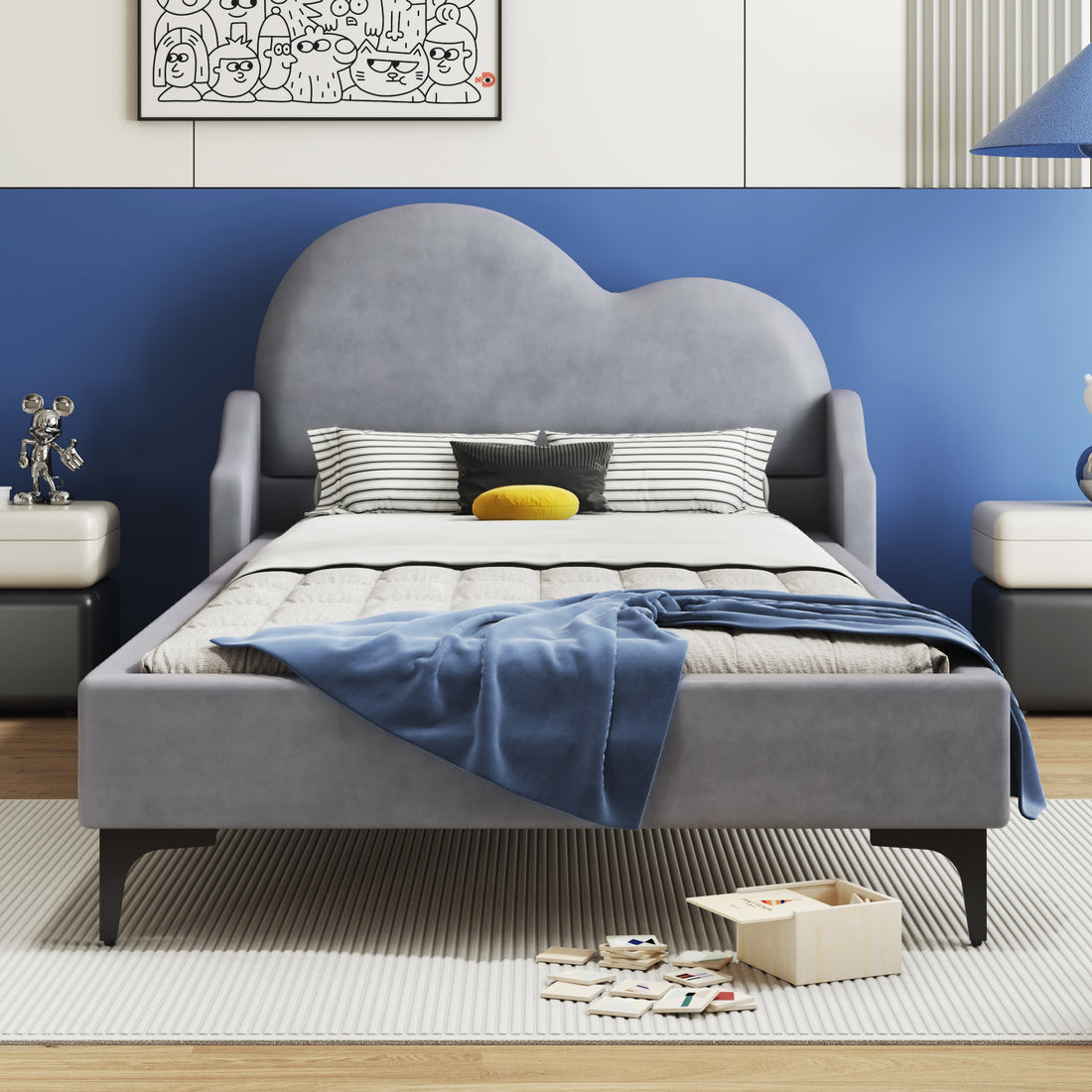 Twin Size Upholstered Platform Bed With Cloud Shaped Headboard, Gray Box Spring Not Required Twin Gray Bedroom Polyester Upholstered