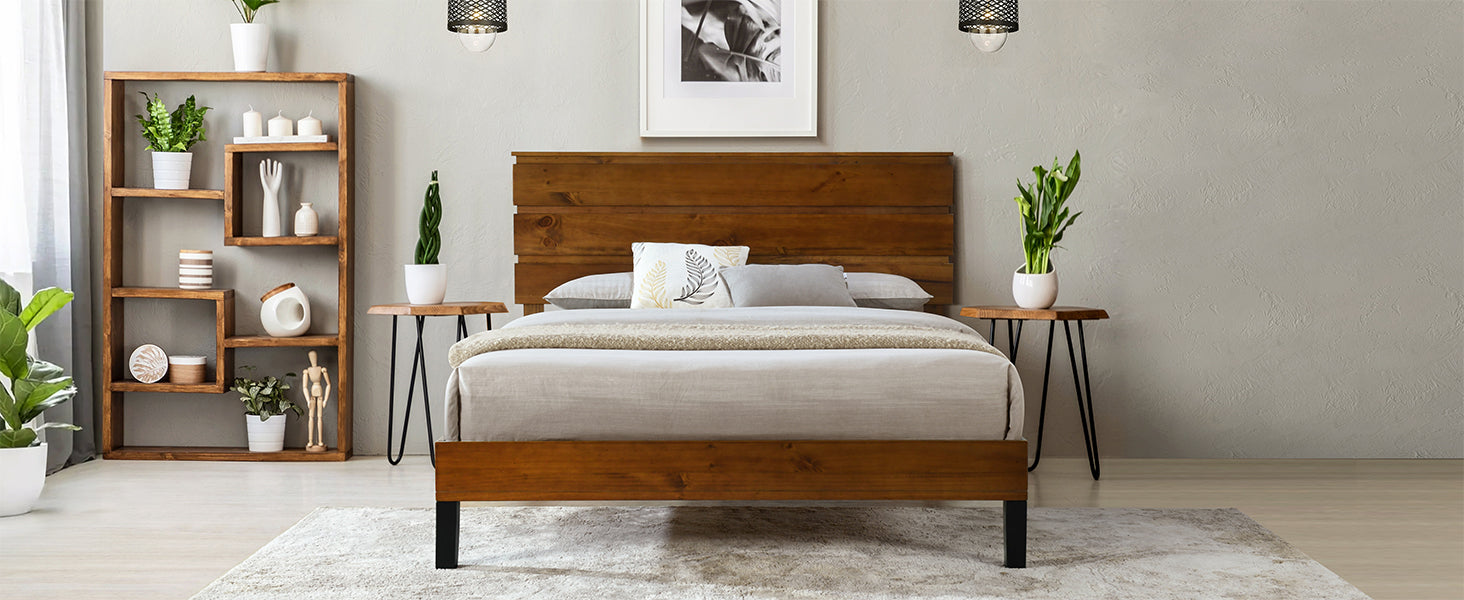 Mid Century Modern Solid Wood Bed Frame Full Size Platform Bed With Three Piece Headboard Design, No Box Spring Needed, Brown Full Brown Pine