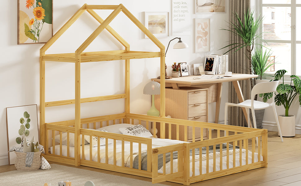 Wooden Floor Bed With Fence Railings And Detachable House Shape Headboard,Full Size Bed With Kids Dress Up Rack, Kids Montessori Style Playhouse Frame For Girls Boys, Natural Full Natural Wood