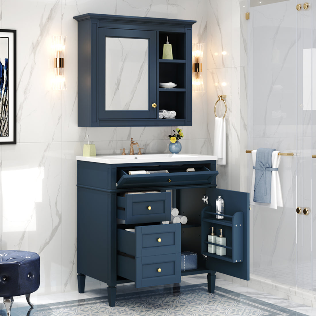 30'' Bathroom Vanity With Top Sink, Modern Bathroom Storage Cabinet With 2 Drawers And A Tip Out Drawer, Freestanding Vanity Set With Mirror Cabinet, Single Sink Bathroom Vanity 3 Blue 2 Mirror Included Bathroom Wall Mounted Modern Solid Wood Painted