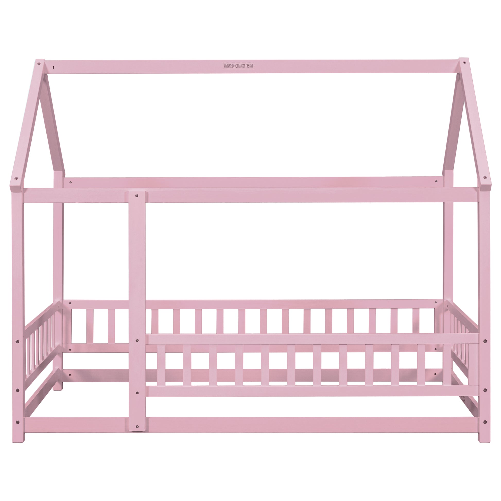 Twin Size Floor Wooden Bed With House Roof Frame, Fence Guardrails,Pink Twin Pink Pine