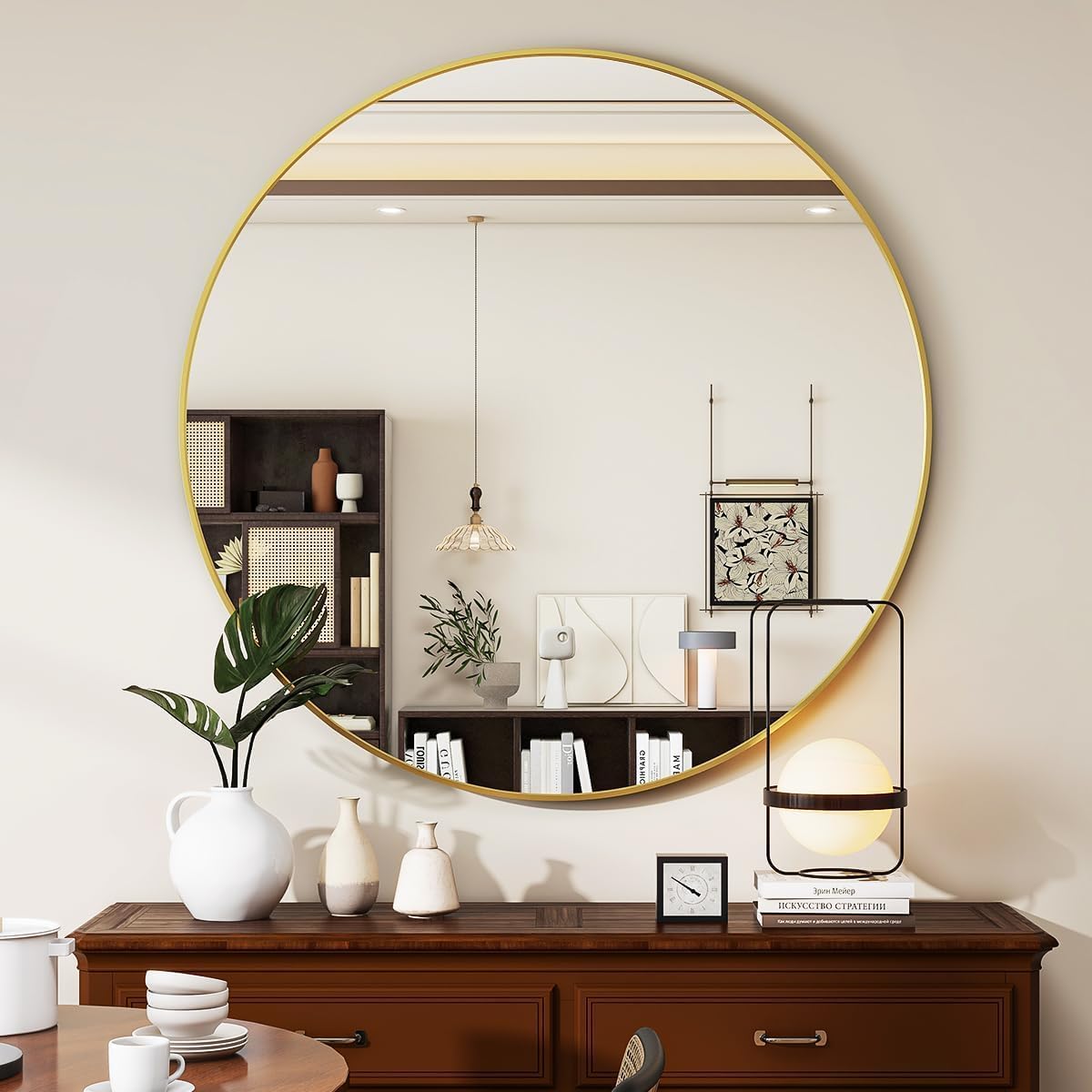 Gold 20 Inch Circle Mirror, Wall Mounted Mirror, Bathroom Mirrors For Over Sink, Circle Framed Mirrors For Bathroom, Living Room, Bedroom, Vanity, Entryway, Hallway Silver Aluminium