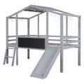 Twin Size Loft Bed With Ladder And Slide, House Bed With Blackboard And Light Strip On The Roof, Gray Twin Gray Solid Wood Mdf