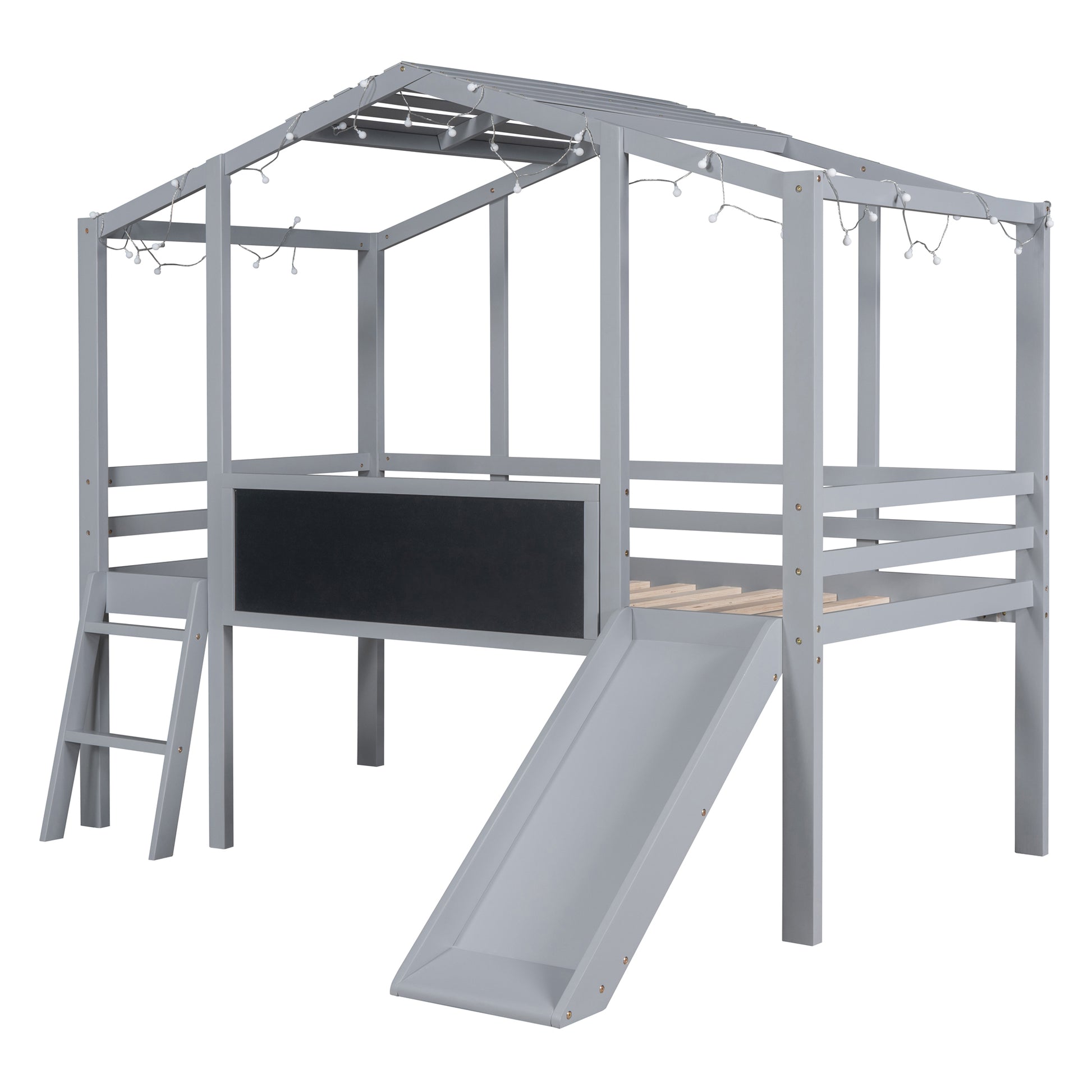 Twin Size Loft Bed With Ladder And Slide, House Bed With Blackboard And Light Strip On The Roof, Gray Twin Gray Solid Wood Mdf