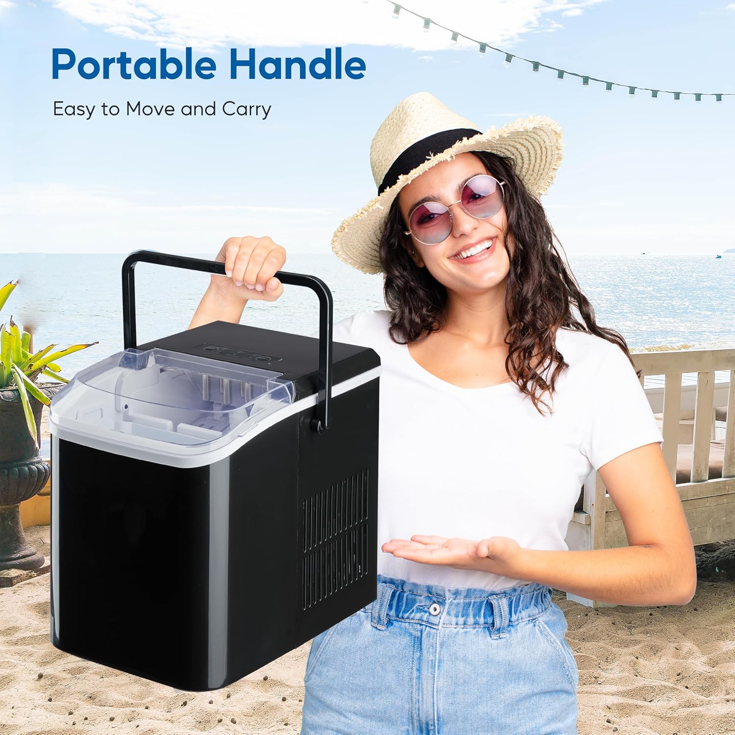 Countertop Ice Maker Machine, Fast Making 9 Ice Cubes In 6 Minutes, Self Cleaning With Scoop, Basket & Handle, 26.5Lbs 24Hrs, 2 Sizes Bullet Ice, Portable For Kitchen, Office, Party, Black Black