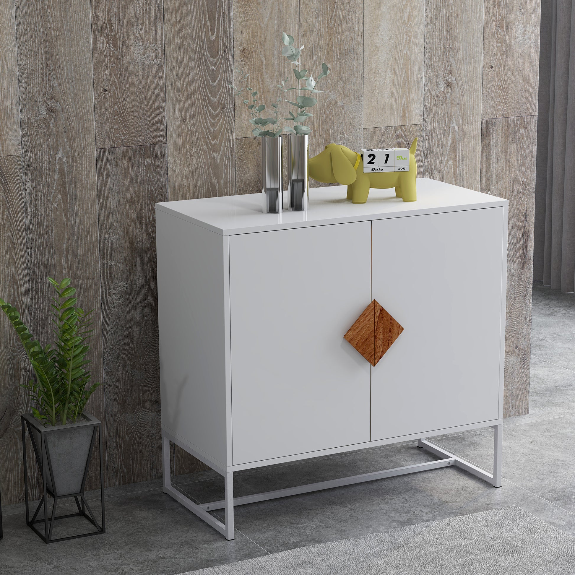 Solid Wood Square Shape Handle 2 Doors Sideboard White Mdf