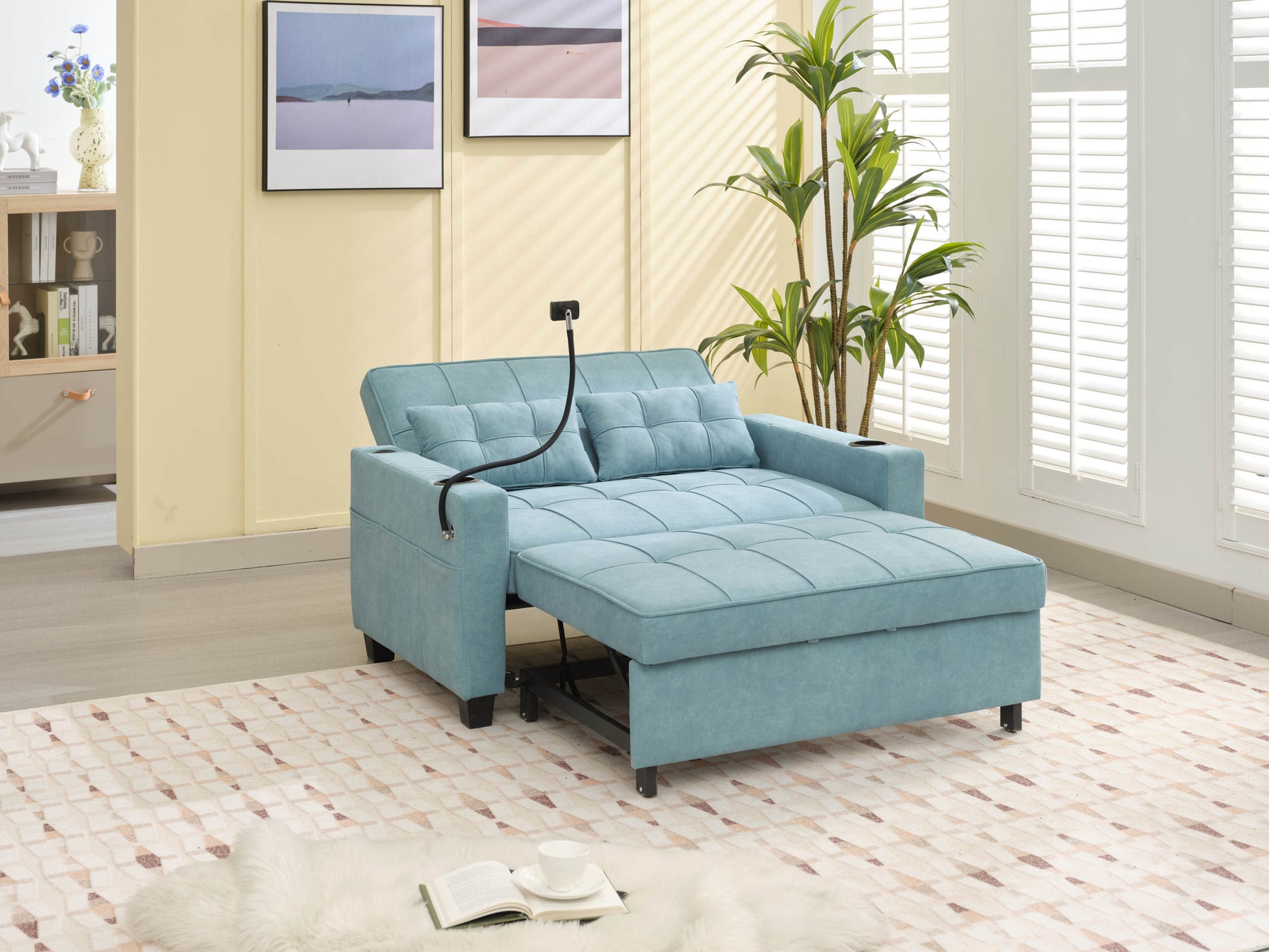 Futon Chair Bed Convertible Chair 3 In 1 Pull Out Sleeper Chair Beds With Usb Ports,Wear Resistant And Anti Scratch, Armchair Bed Sleeper For Living Room Green Tech Cloth Green Foam Tech Cloth 2 Seat
