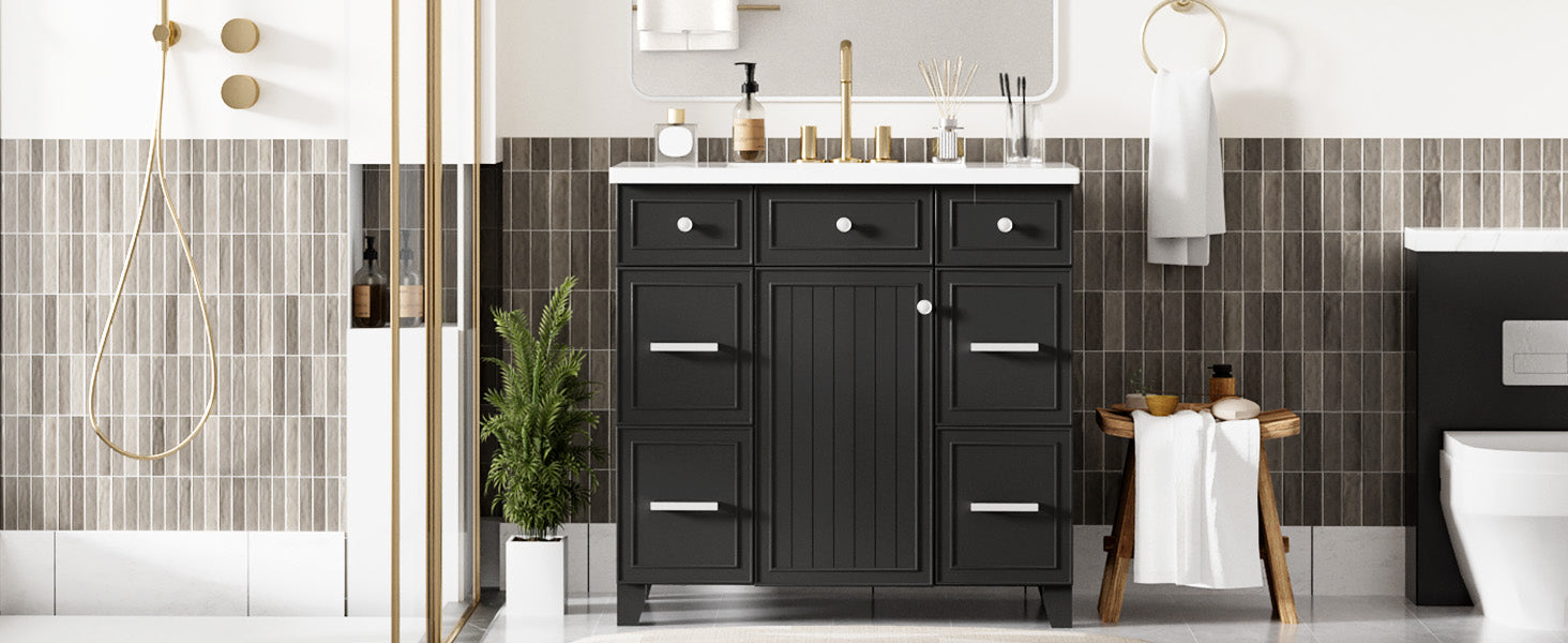 36" Bathroom Vanity Cabinet With Sink Top Combo Setblack ,Single Sink,Shaker Cabinet With Soft Closing Door And 3 Drawers Black Bathroom Solid Wood Mdf Resin