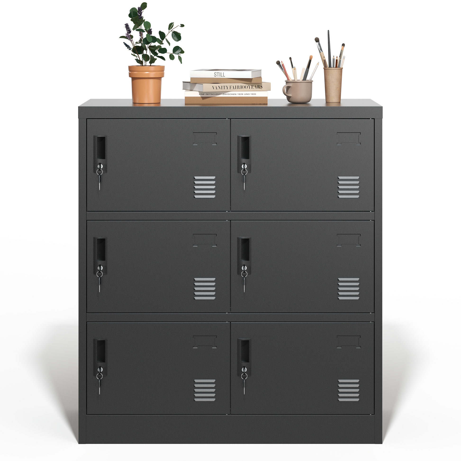 6 Door Employee Storage Locker, Metal Lockers For Office, Gym, School, And Homewith Card Slot Black Freestanding 5 Or More Spaces Powder Coated Black Gym Door Locks Modern Metal Metal