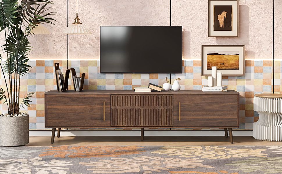 Mid Century Tv Stand With 2 Drawers, Media Console Table For Tvs Up To 80'', Entertainment Center With Storage For Living Room, Bedroom, Home Theatre Walnut Primary Living Space 70 79 Inches 70 79