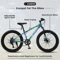 S24109 Elecony 24 Inch Fat Tire Bike Adult Youth Full Shimano 7 Speeds Mountain Bike, Dual Disc Brake, High Carbon Steel Frame, Front Suspension, Mountain Trail Bike, Urban Commuter City Bicycle Cycling Blue Green Without Anti Slip Garden & Outdoor