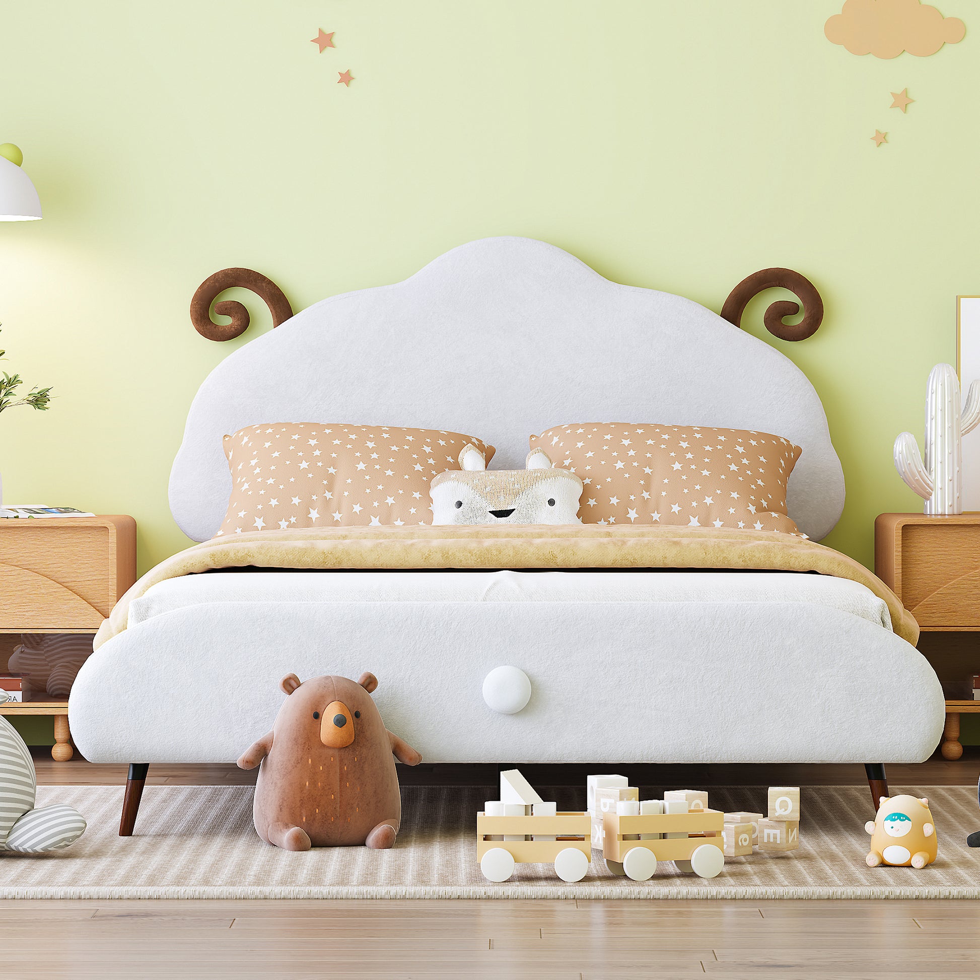 Full Size Upholstered Platform Bed With Sheep Shaped Headboard, White Full White Plywood