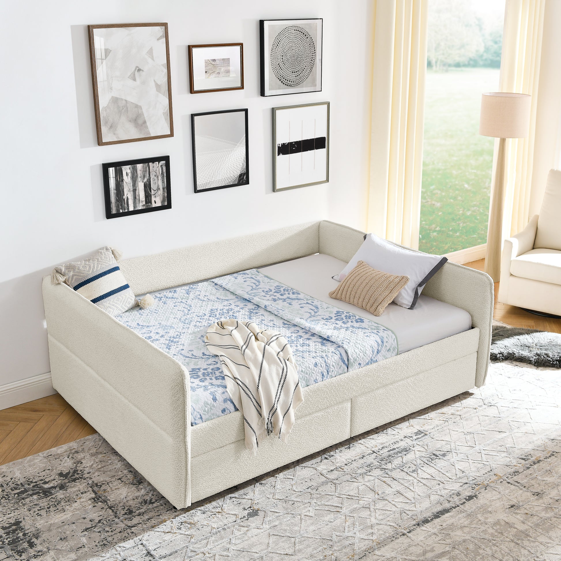 Daybed With Trundle Upholstered Tufted Sofa Bed, With Two Drawers, Queen Size, Boucle Fabric, Beige 88"X65.5"X29.5" Beige Boucle