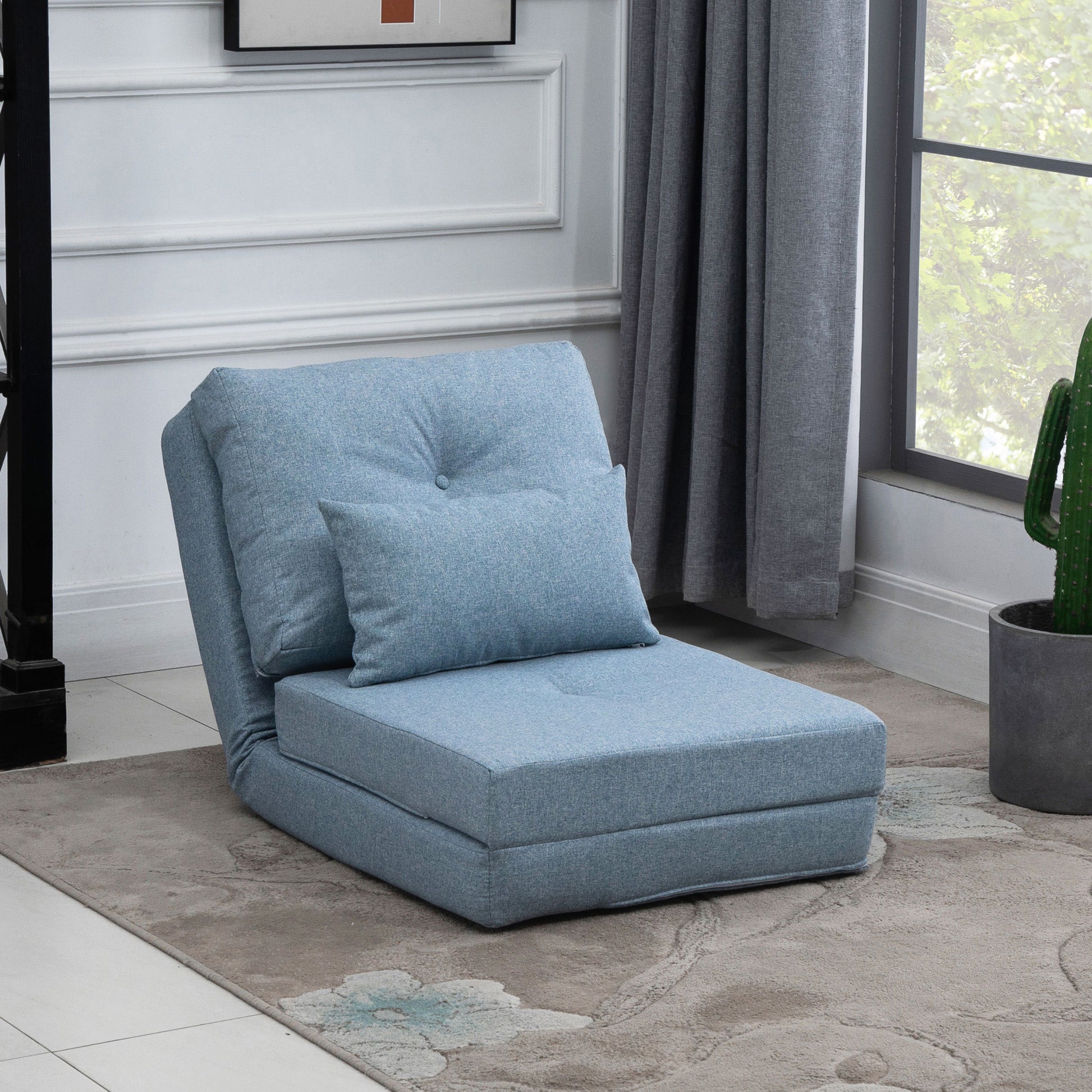 Homcom Convertible Flip Chair, Floor Lazy Sofa, Folding Upholstered Couch Bed With Adjustable Backrest, Metal Frame And Pillows For Living Room Bedroom, Blue Blue Steel