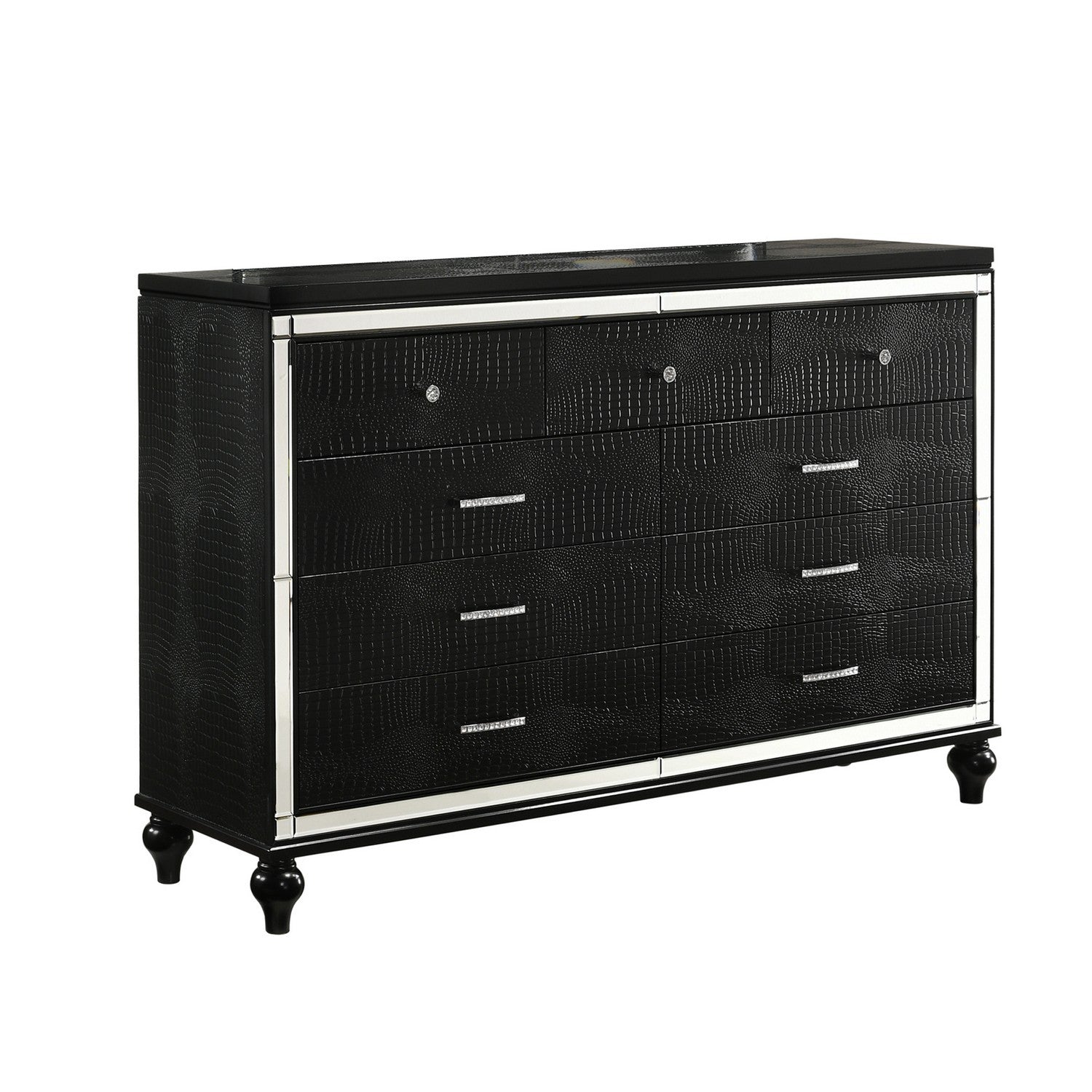 9 Drawer Wooden Dresser With Embossed Texture And Mirror Accents, Black Black Wood