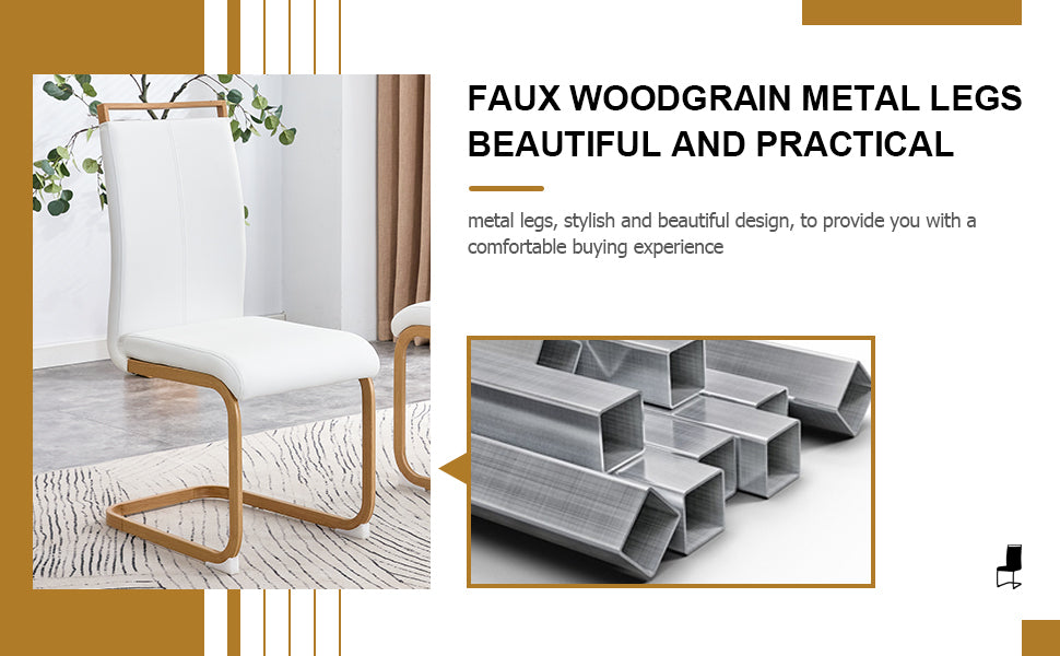 Table And Chair Set. White Sintered Stone Table Top With Rubberwood Legs, Foldable Computer Desk, Foldable Desk, 6 Modern Pu Leather High Cushion Side Chairs With Wood Grain Metal Legs. White Seats 6 Sintered Stone