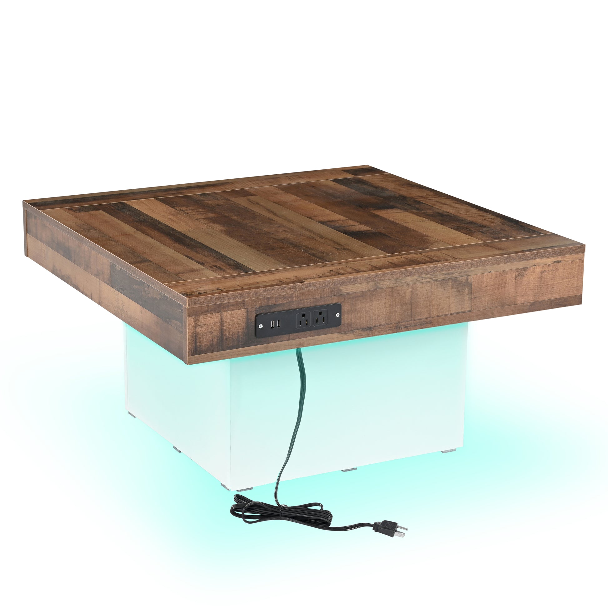 31.4'' X 31.4'' Farmhouse Coffee Table With 2 Usb Ports And Outlets, Brown Spliced Wood Grain Center Table With Led Light, Rustic Cocktail Table With Charging Station For Living Room, White White Primary Living Space Square Particle Board