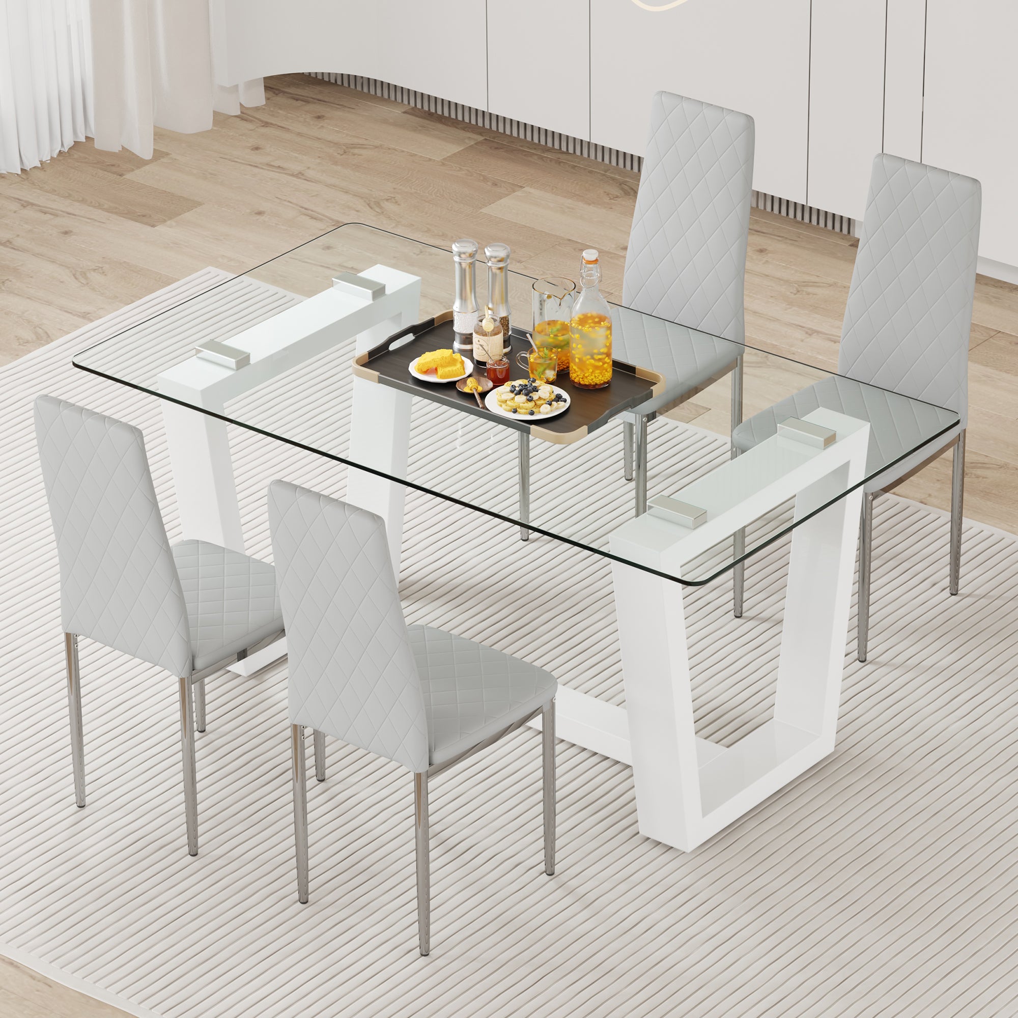 Table And Chair Set.A Rectangular Dining Table Features With Tempered Glass Top And Sleek White Mdf Stand.Paried With 4 Pu Chairs With Checkered Armless High Back And Electroplated Metal Legs. Light Gray,White Seats 4 Mdf Glass