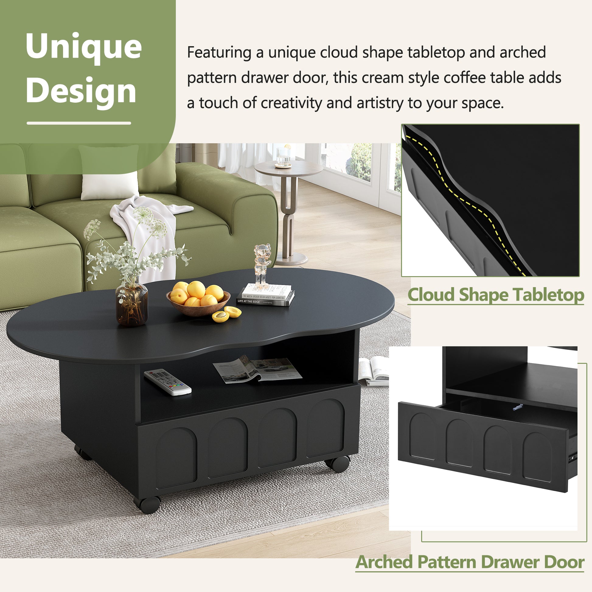 Flexible Cream Style Coffee Table With 2 Brake Wheels, Cloud Top Side Table With Drawer, Irregular Center Table With Large Storage For Living Room, Black, 39.37''X 23.6'' Black Particle Board