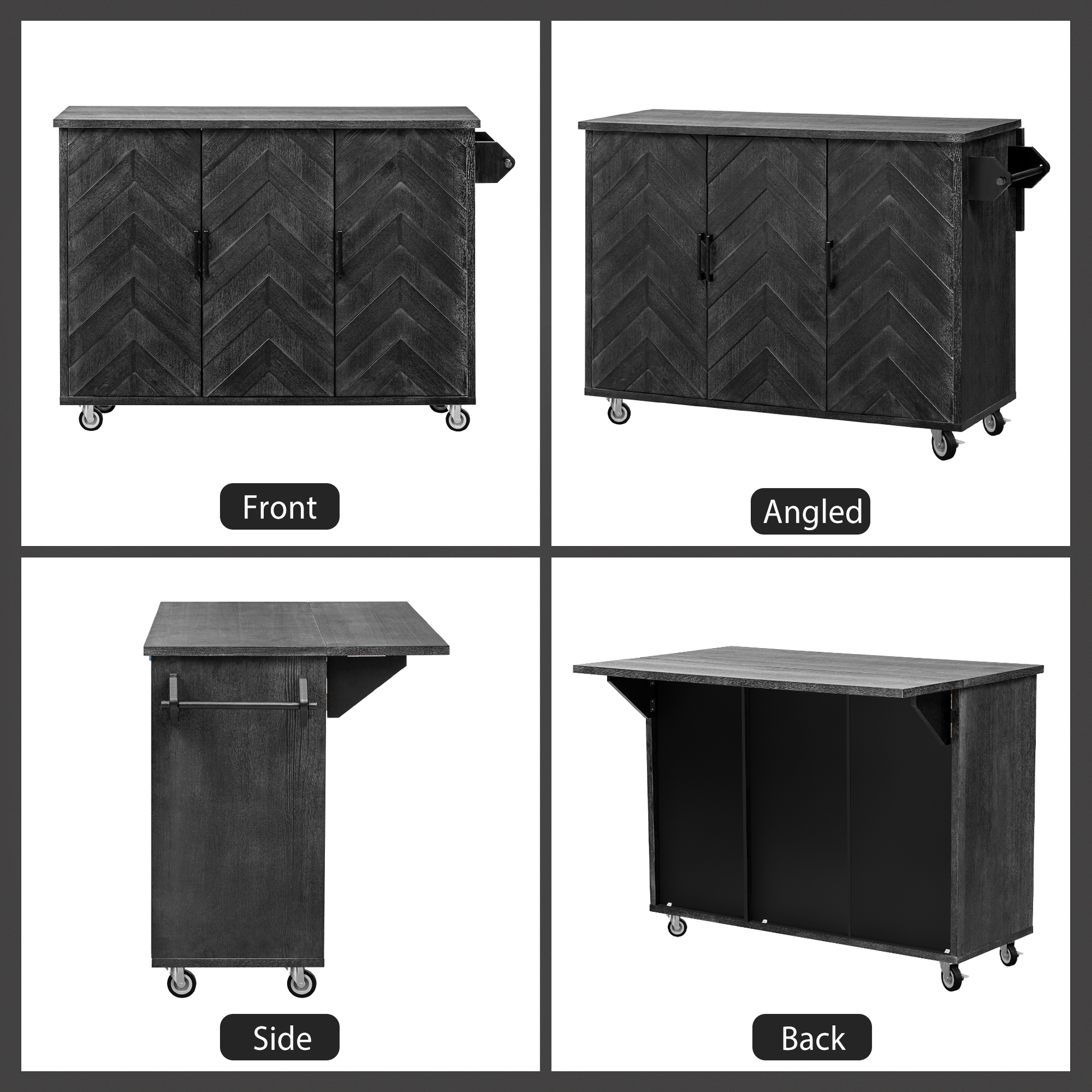 K&K 51.2"W 3D Wave Stripes Ash Veneer Not Cheap Paper Kitchen Island With Drop Leaf, Farmhouse Kitchen Island On Wheels With Internal Storage Rack, Rolling Kitchen Cart Black Black Brown Kitchen