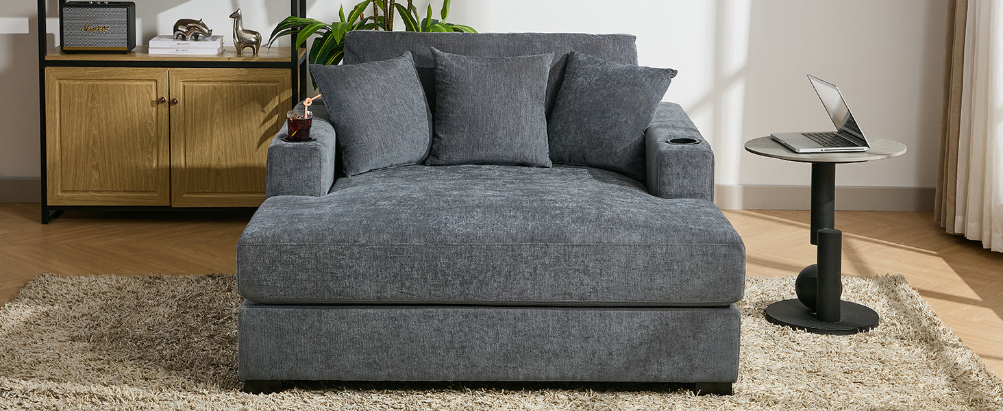 55" Oversized Chaise Lounger Modern Style Sofa Couch ,With Pillows, Charge Station & Cup Holders, Chenille Fabric, Blue Gray Blue Gray Chenille