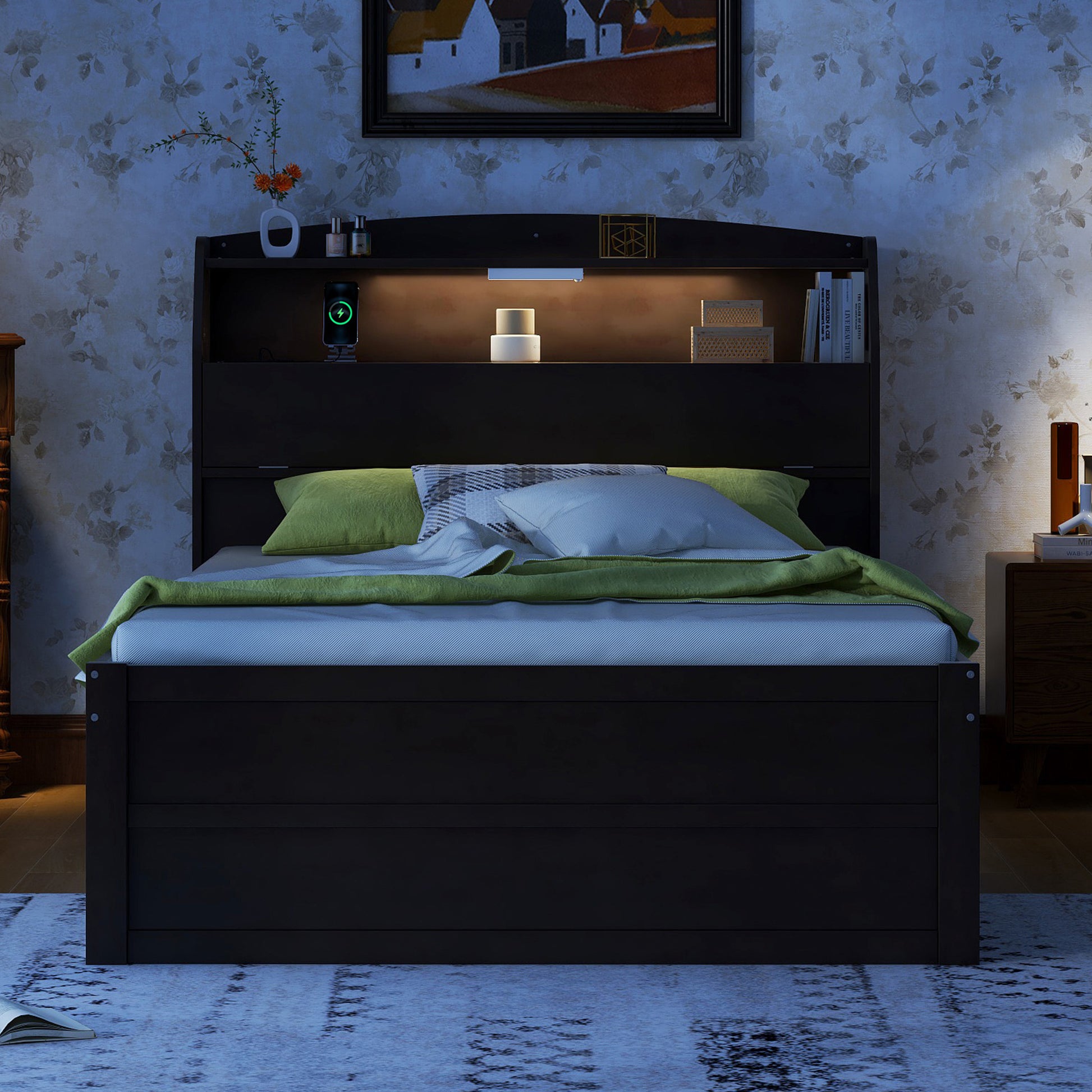 Full Size Wooden Led Platform Bed With Trundle, With Storage Headboard, With Drawers, Brown Full Brown Plywood
