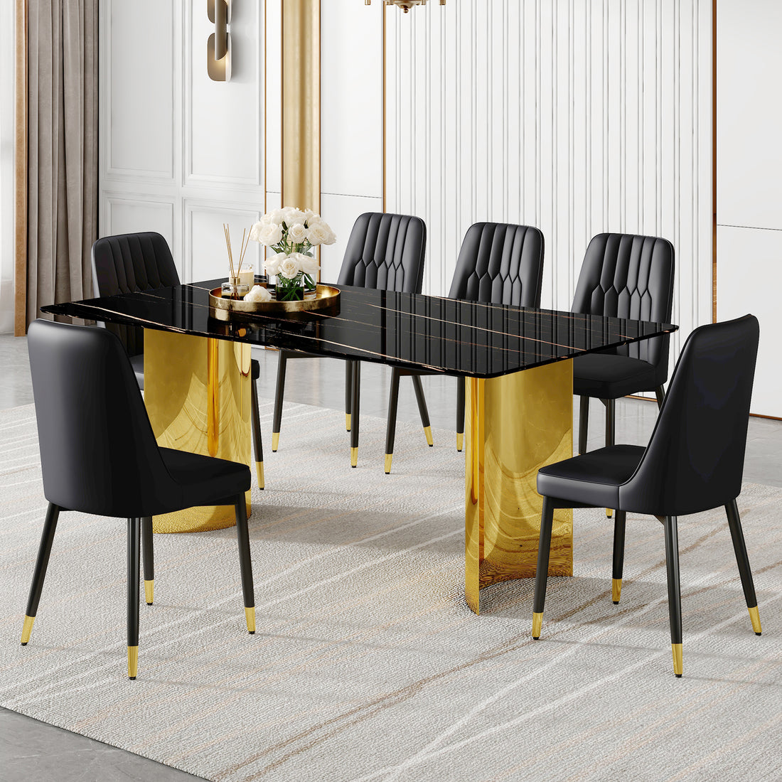 Table And Chair Set.The Table Has A Glass Top With Imitation Marble Pattern Stickers And Stainless Steel Golden Legs. Paried With Chairs With Pu Artificial Leather Backrest Cushions And Black Legs. Black Gold Seats 6 Glass Metal