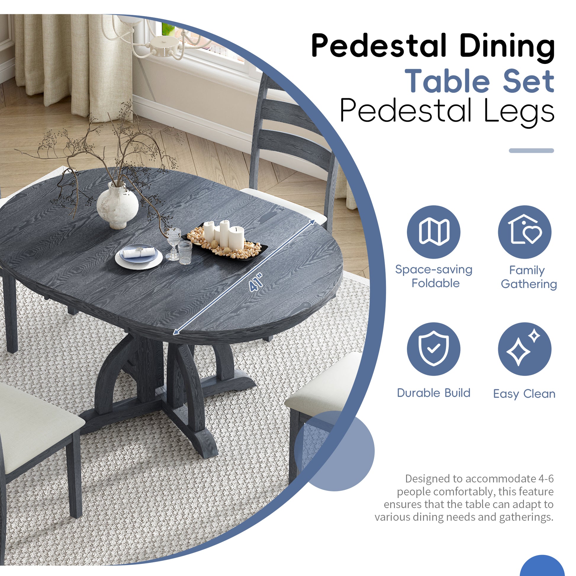 5 Piece Farmhouse Round Pedestal Extending Dining Table Set Extendable Kitchen Table Set With 15.8" Removable Leaf And Ladder Back Dining Chairs For Small Places, Black Wood Dining Room Extendable Rubberwood Oval Dining Table With Chair Upholstered Chair