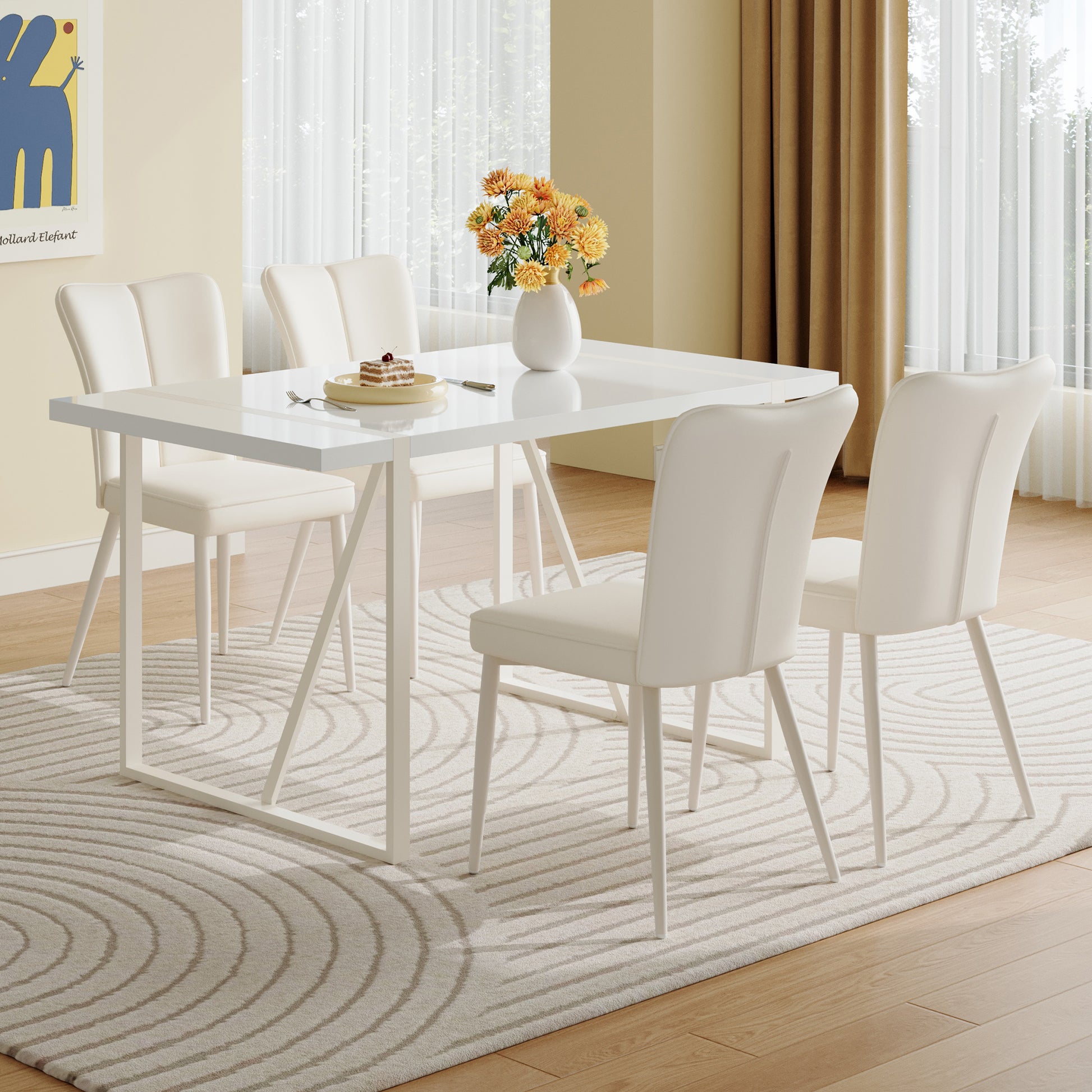 55"X31.5"Cream Style White Mdf Dining Table Set With 4 Armless Chairs.Mdf Tabletop And Metal Legs.The Backrest Of The Dining Chair Has A Vertical Line Design.Adding A Warm Atmosphere To Your Family.