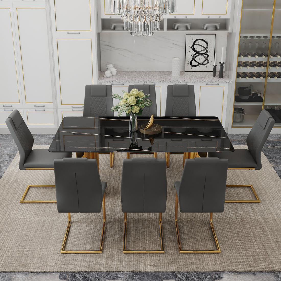 Table And Chair Set.The Table Has A Glass Tabletop With Imitation Marble Pattern Stickers And Stainless Steel Golden Table Legs. Paried With Comfortable Chairs With Pu Seats And Metal Legs. Gold Black Seats 8 Glass Metal