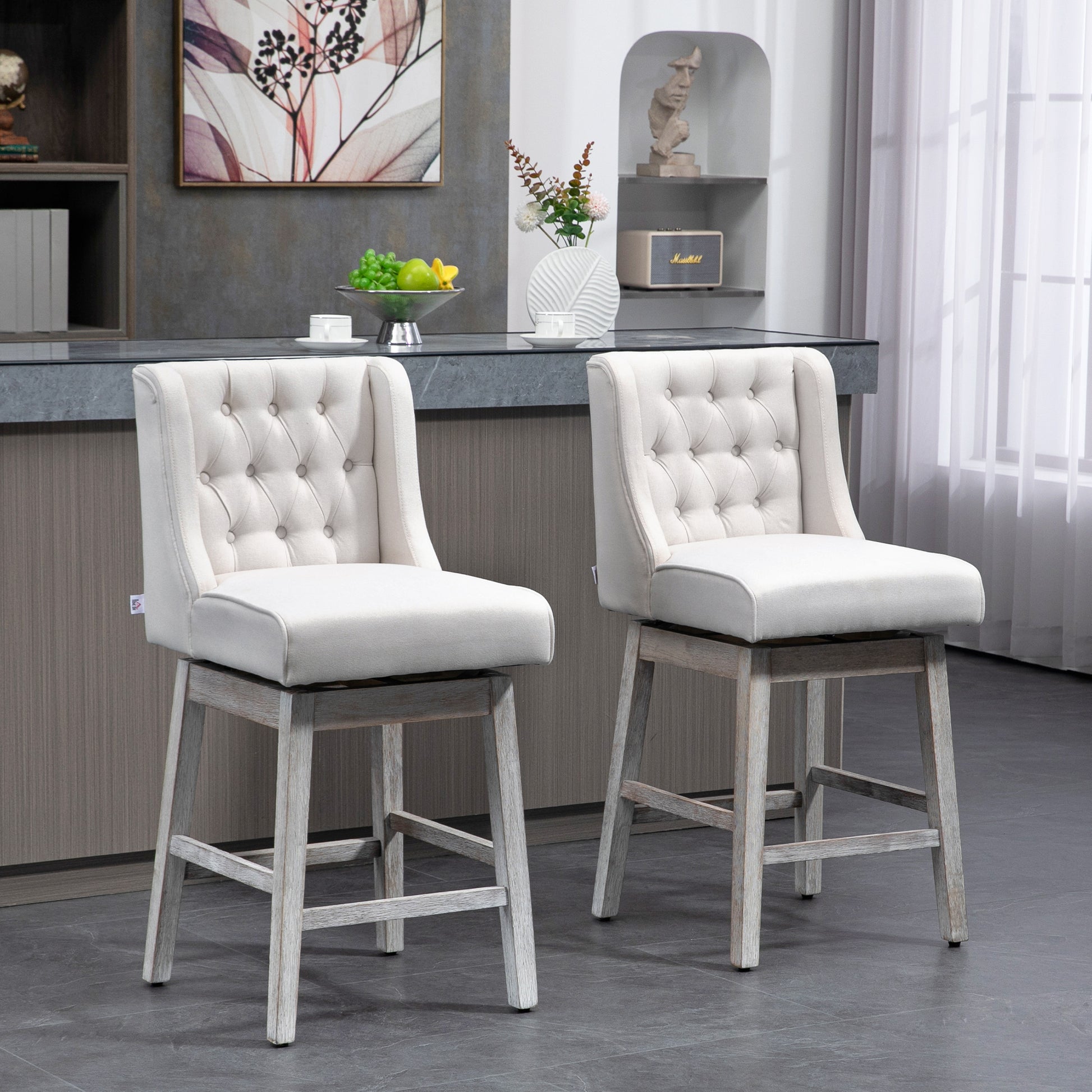 Homcom Counter Height Bar Stools Set Of 2, 180 Degree Swivel Barstools, 27" Seat Height Bar Chairs With Solid Wood Footrests And Button Tufted Design, Beige Beige Rubber Wood